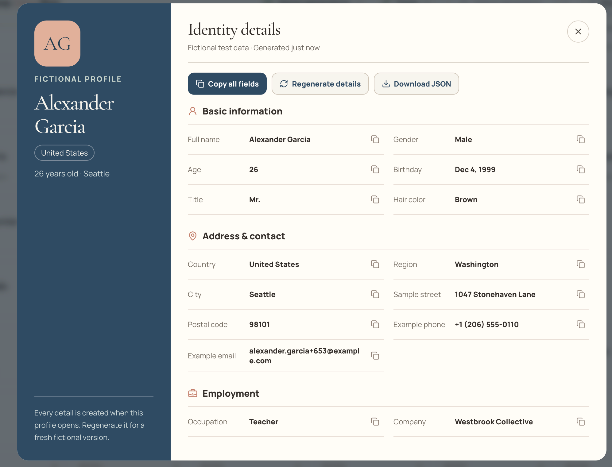 Identity details dialog for a fictional profile, with profile summary, copy, regenerate, download, and individual field controls.